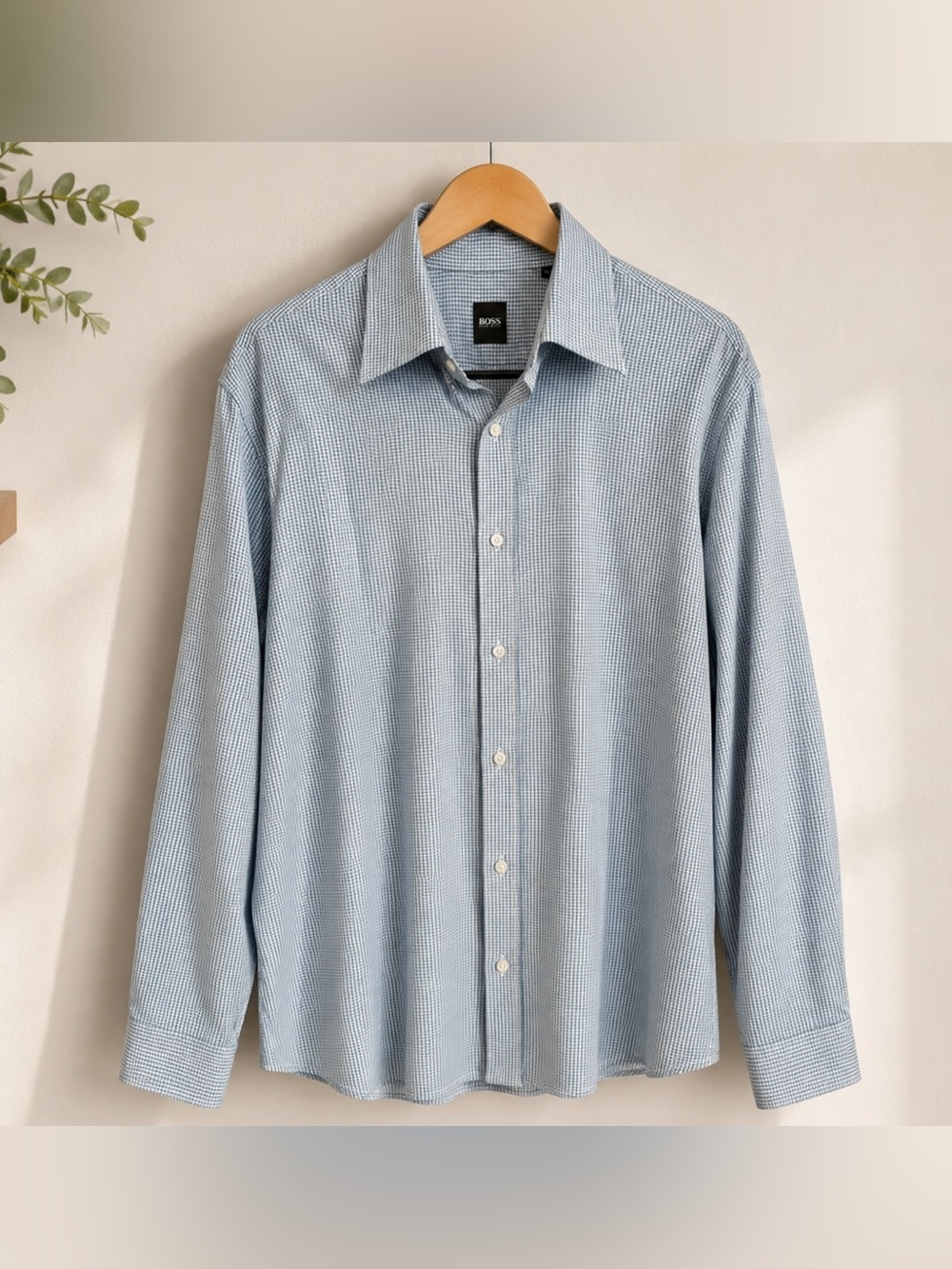 BOSS Men's Blue Micro-Check Long Sleeve Dress Shirt